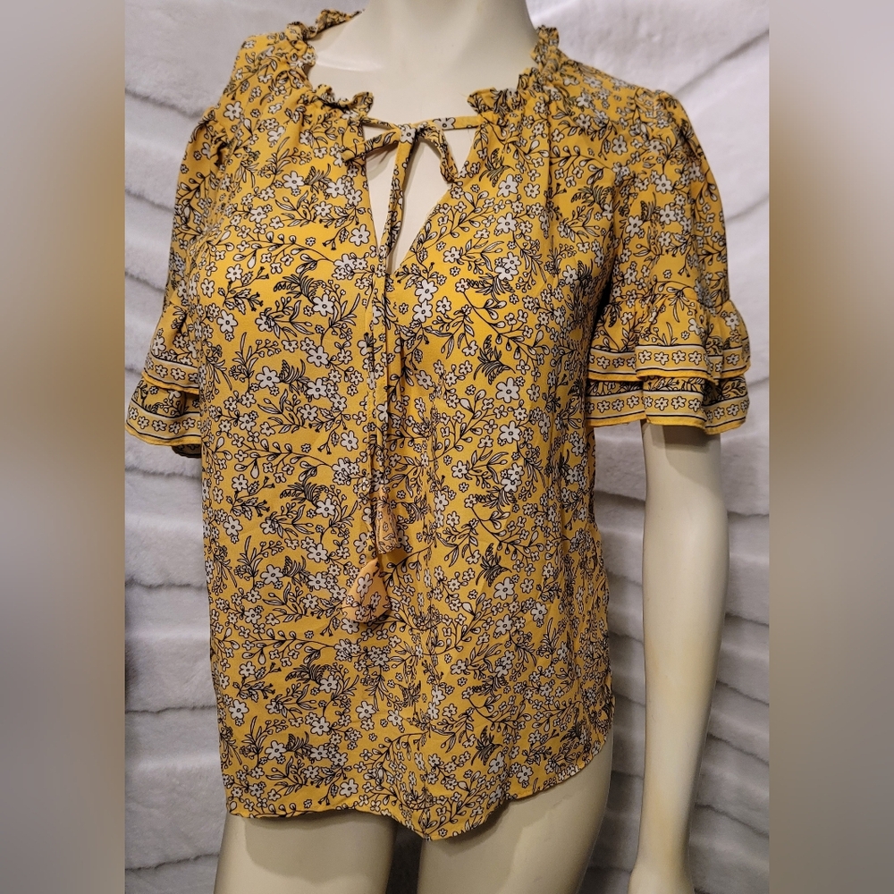 Max Studio Floral Ruffle Flutter Short Sleeve Peasant Tie Blouse Women Sz Small
